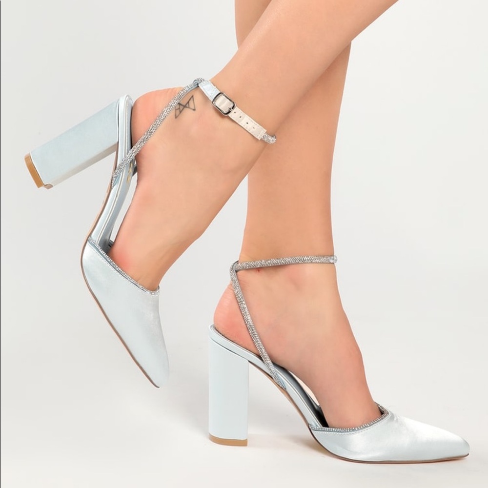 Lulu’s Heels- Chakay Sky Blue Satin Rhinestone Pointed-Toe Ankle-Strap Heel